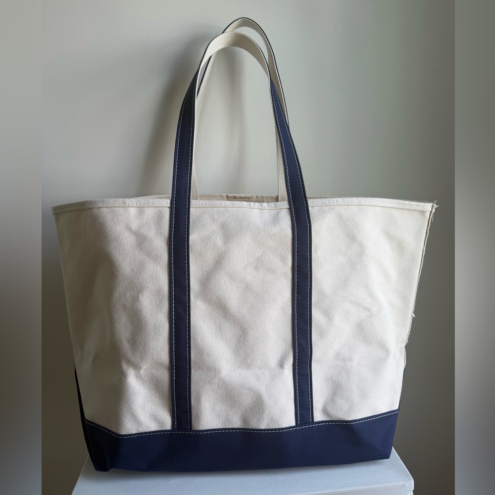LL Bean XL Canvas Tote Bag with Navy long straps